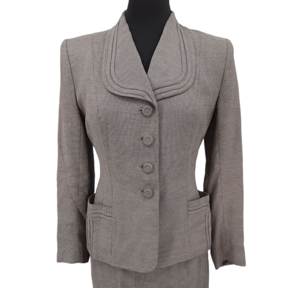 VTG 40s Brown Houndstooth Gabardine Blazer Pencil Skirt Suit Set Size S Neutral - Picture 2 of 11